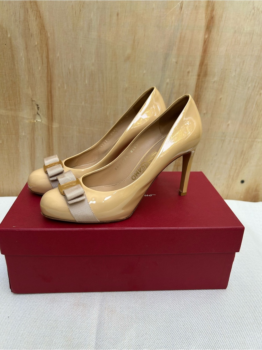 Salvatore Ferragamo Nude Patent Leather Bow Pumps